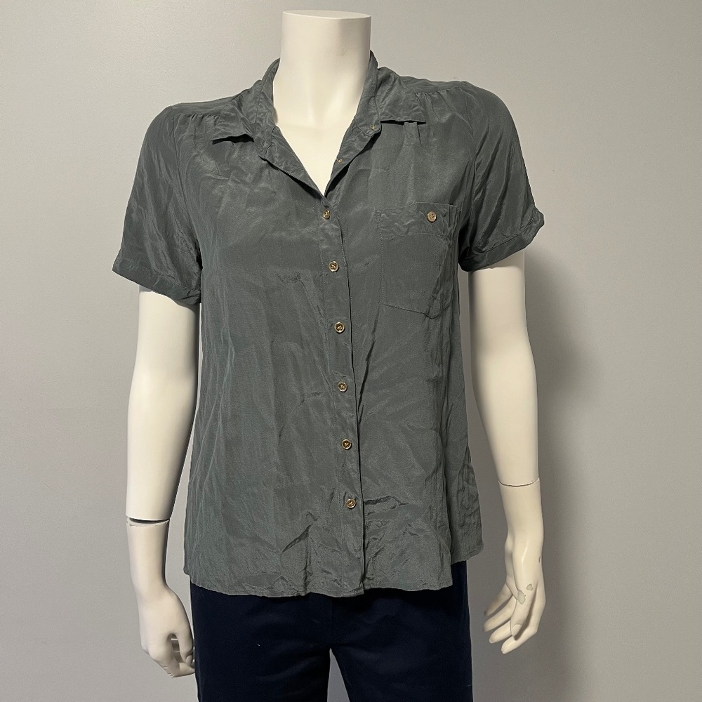 J crew 100% silk muted teal green short sleeves button front top size medium 8 U